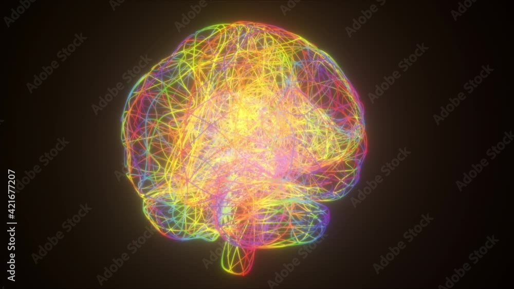 Poster colorful neon brain, computer generated. 3d rendering abstract backdrop from thin net