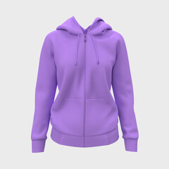 Blank hooded sweatshirt  mockup with zipper in front view, 3d rendering, 3d illustration