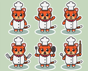 Obraz premium Vector illustration of cute Tiger Chef cartoon. Cute Tiger expression character design bundle. Good for icon, logo, label, sticker, clipart.