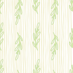 Light tones seamless foliage pattern with simple contoured branches on striped background. Doodle print.