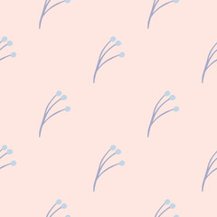 Minimalistic style seamless pattern with blue contoured branch berry ornament. Pink pastel background.