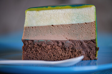 A piece of three-layer homemade mirrored honey cake on a plate close-up.