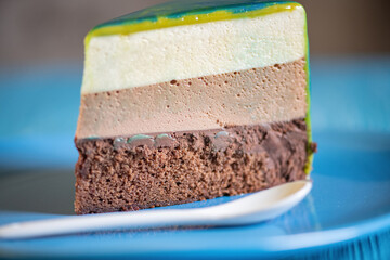 A piece of three-layer homemade mirrored honey cake on a plate close-up.