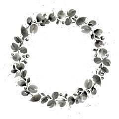 vintage round watercolor frame made of branches, berries and leaves isolated on white background	