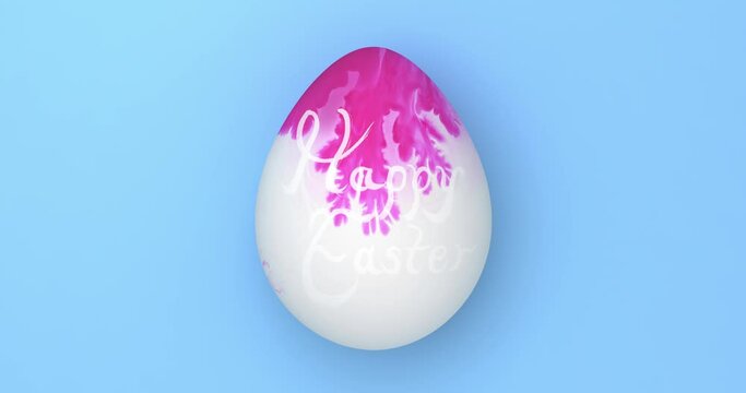 Single Easter egg rolling on screen decorated with paint and swirling ink with Happy Easter text. Easter egg decoration. 3d render.