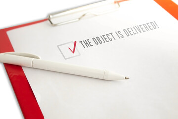 Tablet with a sheet of paper. Inscription object delivered.