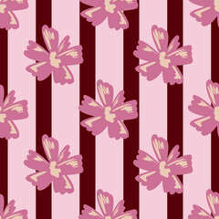 Obraz premium Abstract botanic seamless pattern with hand drawn pink colored flowers elements. Maroon striped background.