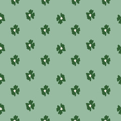 Vintage seamless pattern with doodle green flower bud silhouettes print. Pale blue background.
