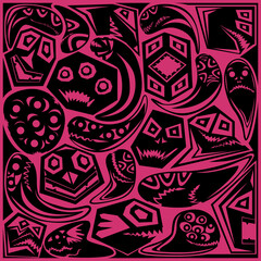 A set of black silhouettes of monsters on a pink background, an illustration for wallpaper on the wall and other purposes.