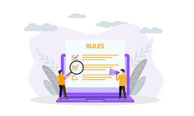 Fototapeta na wymiar Flat design business rule concept, making checklist, strategy of company management. Vector Illustration for banner, background, landing page, mobile app, website.