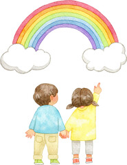 手をつなぎ虹を指さす子供たち