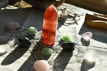 A image of a healing energy crystal grid using sacred geometry.