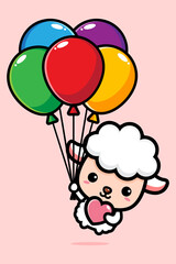 cartoon cute sheep vector design flying with balloon