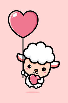 cartoon cute sheep vector design flying with balloon