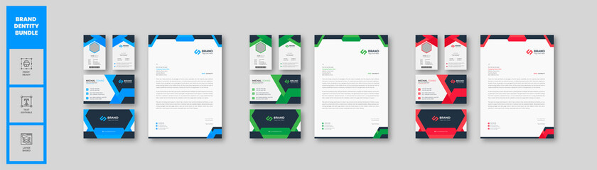 Modern Creative professional brand identity stationery bundle letterhead, business card, id card with blue, green, and red color