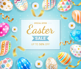 Easter day banners template easter eggs with ribbon and daisies flower on blue color background. Vector illustrations.