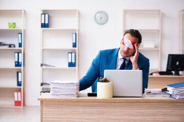 Blindfolded male employee working in the office