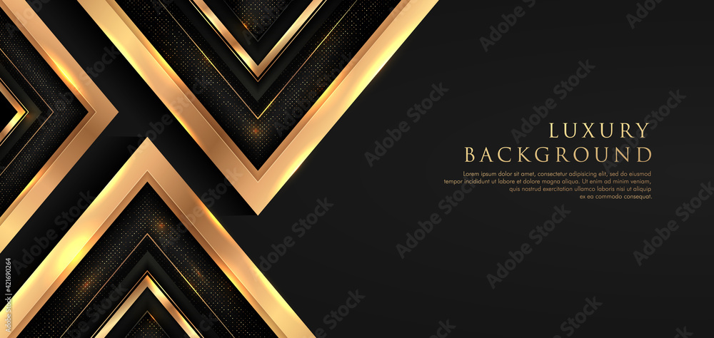 Wall mural abstract geometric shape overlapping on black background with glitter and golden lines glowing dots 