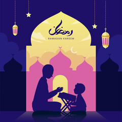 Ramadan Kareem Greeting card background islamic symbol with crescent moon, silhouette mosque and lantern. Suitable for invitation, poster and banner. Vector Illustration idea concept Flat Styles.