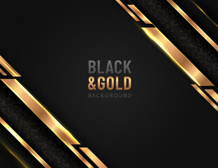 Abstract geometric shape  overlapping on black background with glitter and golden lines glowing dots golden combinations. Luxury and elegant design. Vector illustration - obrazy, fototapety, plakaty
