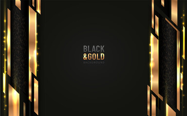 Abstract geometric shape  overlapping on black background with glitter and vertical golden lines glowing dots golden combinations. Luxury and elegant design. Vector illustration