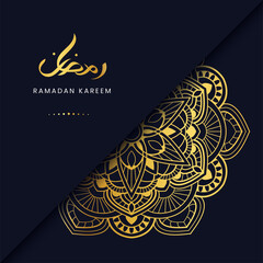 Elegant Ramadan Kareem Greeting card background islamic symbol with gold mandala and arabic calligraphy. Suitable for invitation, poster and banner. Vector Illustration idea concept Flat Styles.