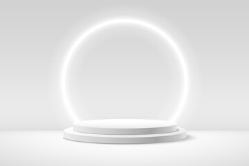 Abstract vector rendering 3d shape for product display presentation. Luxury white cylinder pedestal podium. White minimal wall scene and glowing neon circle shape backdrop. Vector illustration.