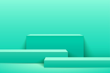 Abstract vector rendering 3D shape for products display presentation. Modern light green cube step pedestal podium, Pastel empty room background. Minimal wall scene studio room concept. vector eps10