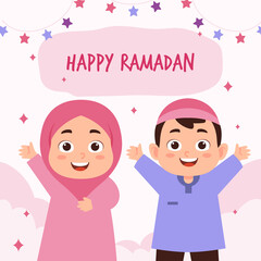 Moslem enjoying ramadan kareem mubarak kid together in happiness during fasting with  suitable for Greeting card, invitation and banner. flat vector illustration