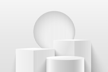 Abstract vector rendering 3d shape for advertising products display with copy space. Modern white and grey geometric podium with empty room background. Minimal studio room concept. Vector illustration - obrazy, fototapety, plakaty