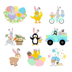 Easter animals set. Chick, rabbit, pug, penguin vector illustration