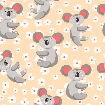 Seamless pattern with cute koala baby and flowers on color background. Funny australian animals. Card, postcards for kids. Flat vector illustration for fabric, textile, wallpaper, poster, paper