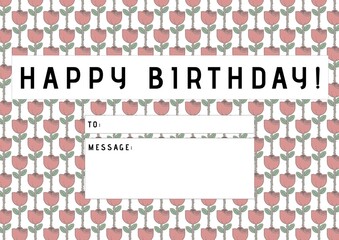 Digitally generated image of happy birthday text against multiple roses on white background