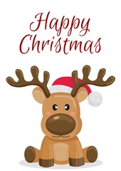 Digitally generated image of happy christmas text over baby reindeer wearing santa hat