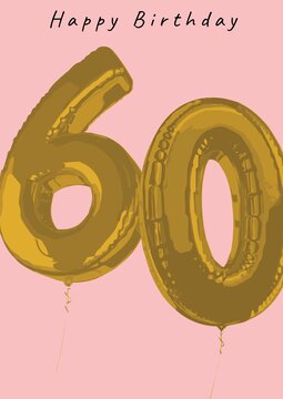 Digitally generated image of happy birthday with 60 number balloon against pink background