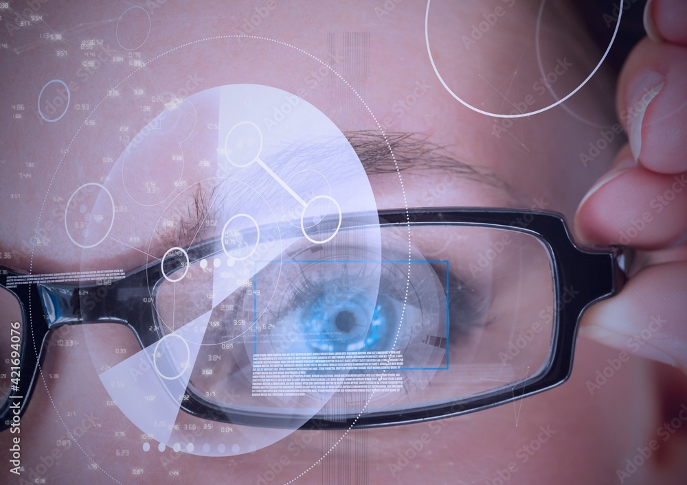 Poster digital composite image of round scanner and data processing against close up of female human eye