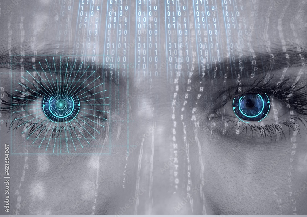 Poster binary coding data processing against close up of female human eye