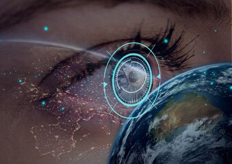 Digital composite image of round scanner and globe against close up of female human eye