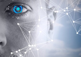 Round scanner and network of connections against close up of male human eye