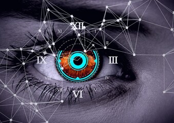 Round scanner and network of connections against close up of female human eye