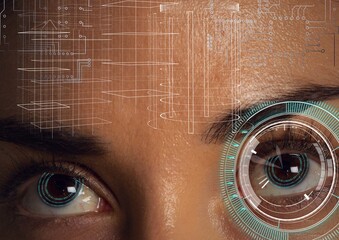 Round scanner and microprocessor connections against close up of female human eye