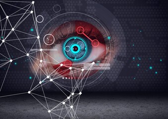 Round scanner and network of connections against close up of female human eye