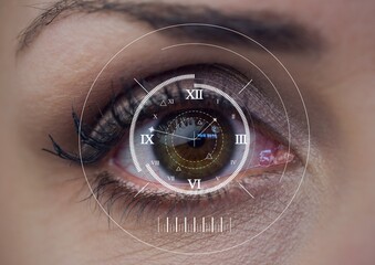 Digital composite image of digital clock against close up of female human eye