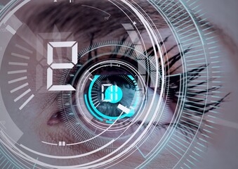 Round scanner and digital interface with data processing against close up of female human eye