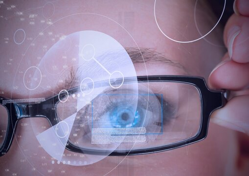 Digital composite image of round scanner and data processing against close up of female human eye - Powered by Adobe