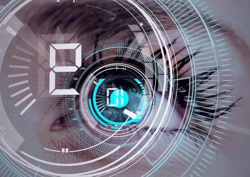 Round scanner and digital interface with data processing against close up of female human eye - Powered by Adobe