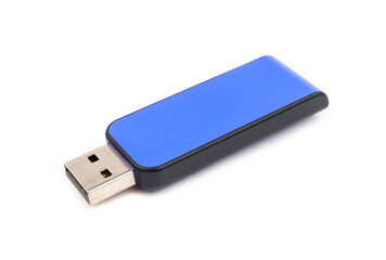 USB Blue flash drive memory on a white background, selective focus