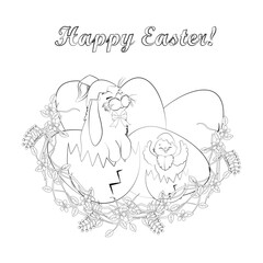 Rabbit and chick in easter eggs vector illustration outline