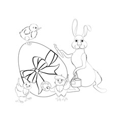 Rabbit and chicks painting easter eggs vector illustration outline