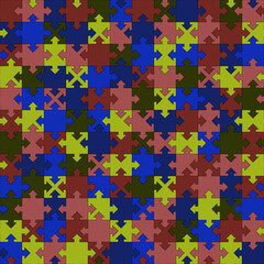 jigsaw puzzle template. arrow and square shapes. vector seamless pattern. color metaphor of union, network, solution, connection. dark repetitive background. fabric swatch. modern stylish texture